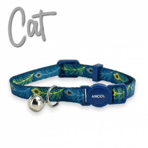 Ancol peacock feather design cat collar with a blue safety clip and bell. On a white background with the word cat in grey above it.