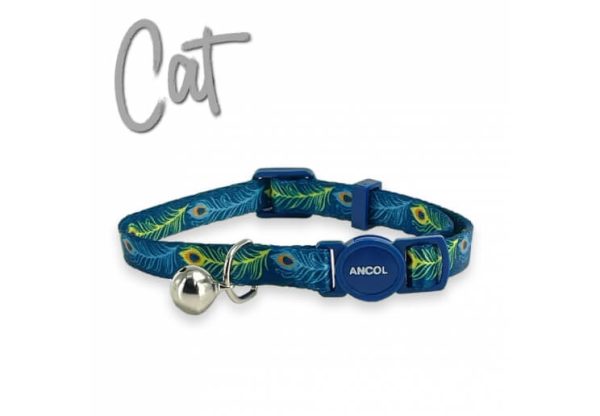 Ancol peacock feather design cat collar with a blue safety clip and bell. On a white background with the word cat in grey above it.