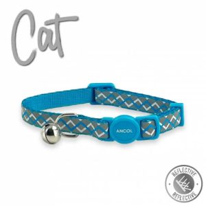 Blue zig zag patterned cat collar on a white background. With a blue break away clasp and a bell.