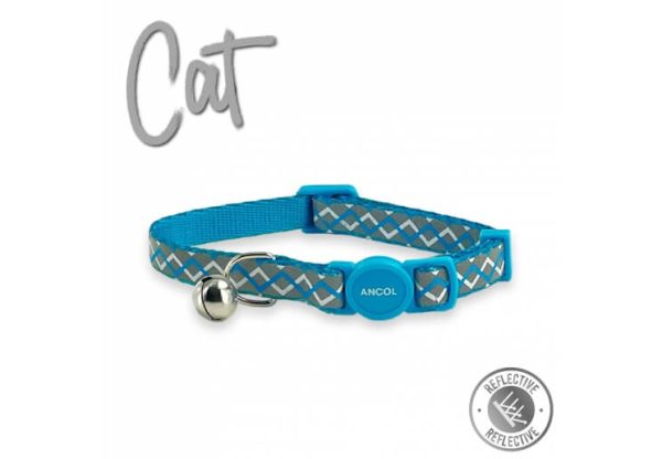 Blue zig zag patterned cat collar on a white background. With a blue break away clasp and a bell.