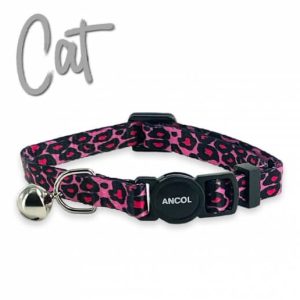 Pink and black animal print collar with a black quick release clasp and a bell on a white background. with the word cat in grey above the collar.