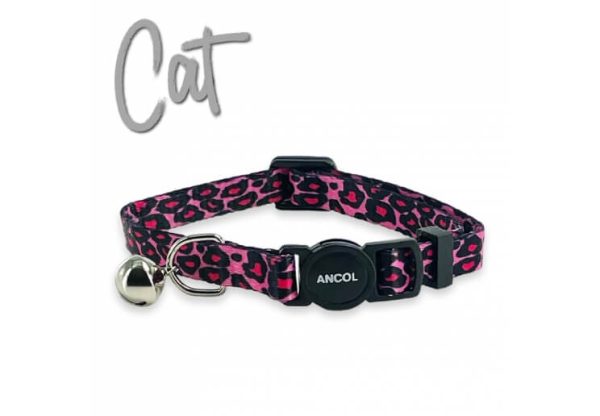 Pink and black animal print collar with a black quick release clasp and a bell on a white background. with the word cat in grey above the collar.