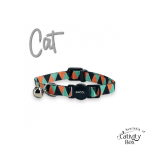 Ancol geometric cat collar with black, green and orange triangle design.