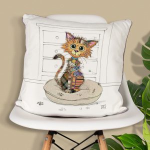 Cushion with a multi-coloured cat on it positioned on a white stool