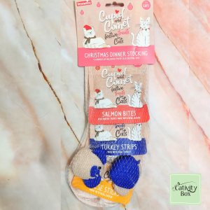 Festive stocking showing 3 packets of treats and 2 toys on a marble background