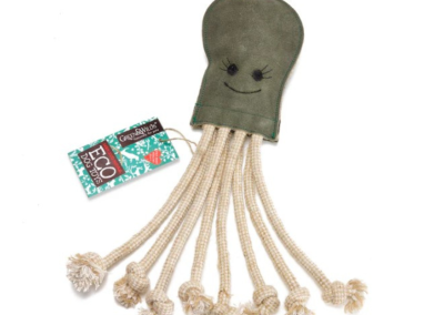 Olive the Octopus eco dog toy made from jute and suede with rope legs and Green & Wild’s eco tag.