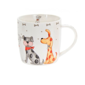 Faithful Friends dog mug on a white background, decorated with playful illustrated dogs in orange, grey, and cream tones. The fine china mug includes a bone border and a small dog design inside the rim.