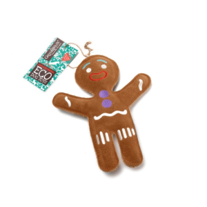Jean Genie gingerbread eco-friendly dog toy made from suede and jute rope with a Green & Wild’s eco tag. On a white background.
