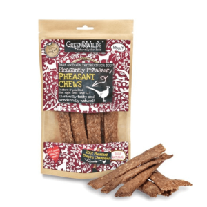 Front of Green & Wild’s Pleasantly Pheasanty Pheasant Chews pack – 100% natural pheasant dog treats.