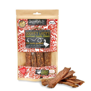 Front of Green & Wild’s Goosey Lucy’s Glorious Goose Chews pack – 100% natural goose dog chews for sensitive tummies.