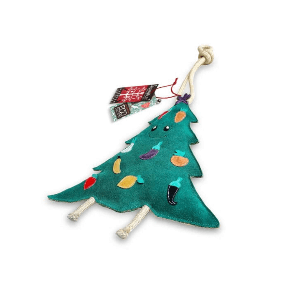 Eco-friendly dog toy shaped like a Christmas tree with colourful decorations and rope handle – Carol the Christmas Tree by Green & Wild’s.