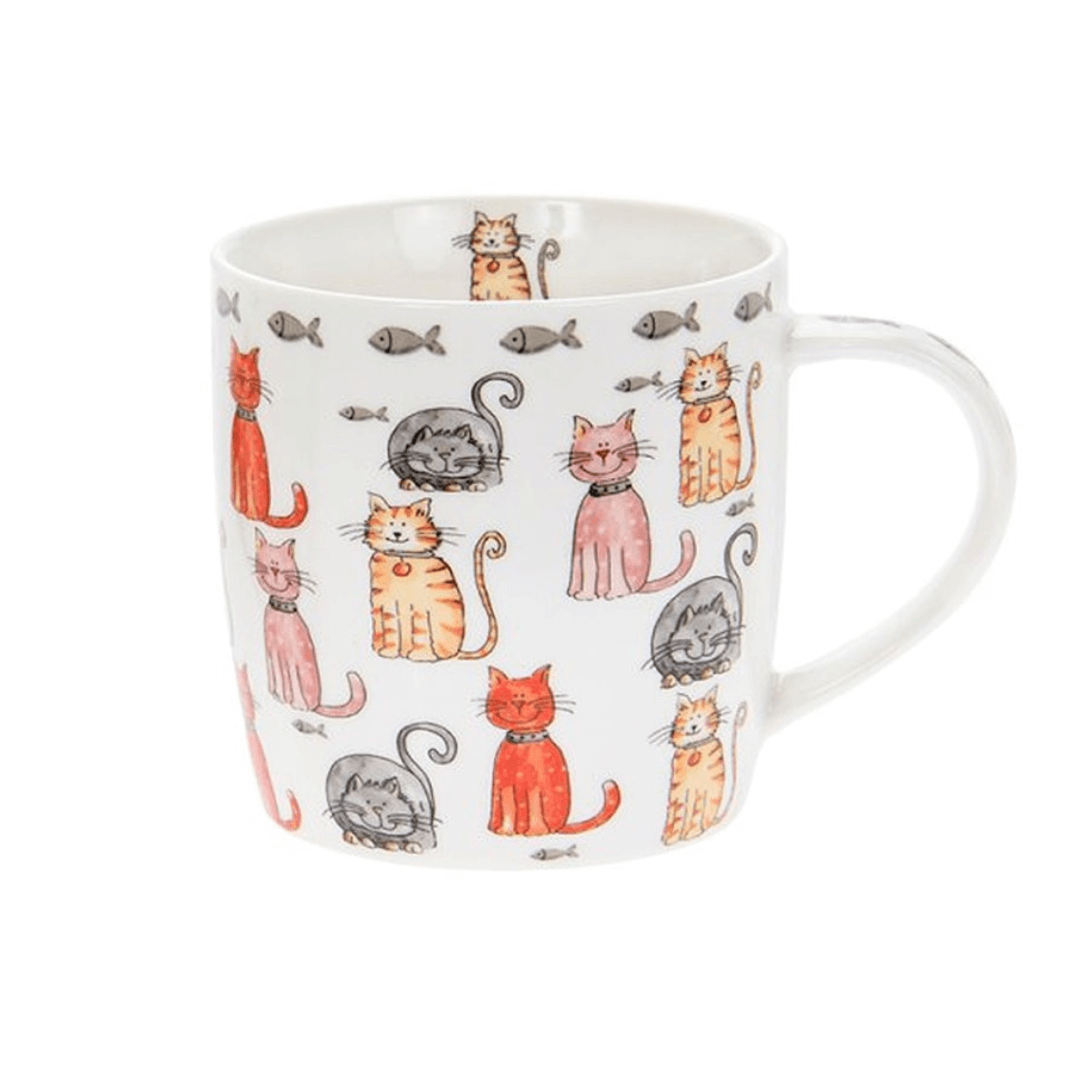 Faithful Friends fine china cat mug on a white background, featuring a pattern of colourful cats and fish. The design includes orange tabby, pink, red, and grey cats with whimsical details.