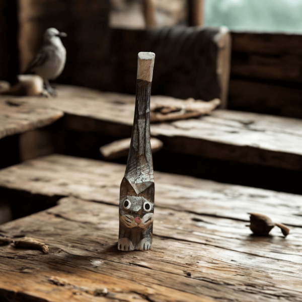 Natural wood hand-carved cat ornament standing on a rustic wooden table. The ornament features painted eyes, whiskers, and a long upright tail, perfect for cosy cottage décor.