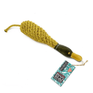 Delilah the Duckess eco dog toy made from braided jute rope with suede head and beak, displayed with Green & Wild’s tag.