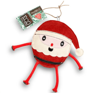 Chris Christmas eco-friendly dog toy made from suede and jute rope with festive Santa design and Green & Wild’s eco tag.