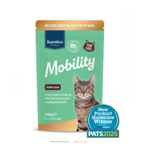 Karnlea Mobility Joint Care supplement for cats – 100g pouch with tabby cat on front, supports joint health and stiffness relief, PATS 2025 award winner.