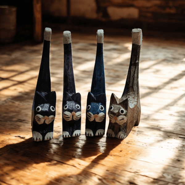 Set of four hand-carved wooden cat ornaments in black, blue, purple, and natural wood tones displayed on a rustic wooden floor in warm sunlight. Each cat features painted whiskers, wide eyes, and a tall upright tail.