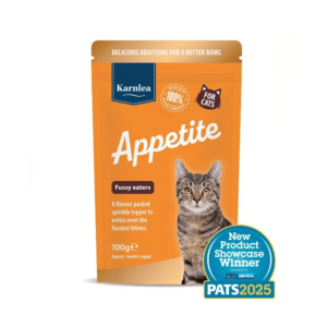 Karnlea Appetite Fussy Eaters supplement for cats, 100g pouch with tabby cat on front, flavour-packed topper to boost appetite, PATS 2025 award winner.