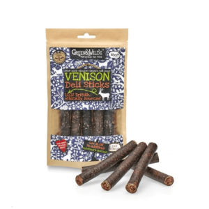 Front of Green & Wild’s Venison Deli Sticks pack – 100% British venison dog treats displayed with several sticks in front.
