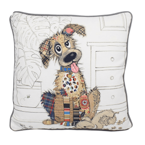 Close-up of the Murphy Mutt cushion featuring a playful patchwork dog design by Bug Art. The cushion has a crisp white background with soft grey piping and reverse, showcasing the detailed textured artwork.