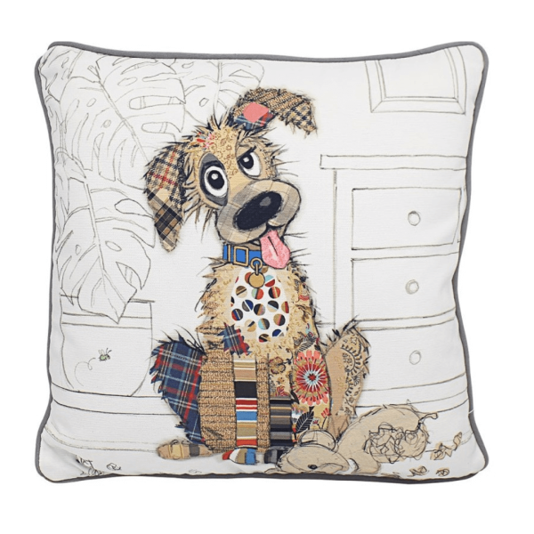 Close-up of the Murphy Mutt cushion featuring a playful patchwork dog design by Bug Art. The cushion has a crisp white background with soft grey piping and reverse, showcasing the detailed textured artwork.