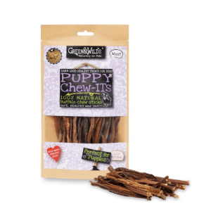 Front view of Green & Wild’s Puppy Chew-Its 100% Natural Buffalo Chew Sticks packaging, showing the 100% natural label and sticks arranged in front of the bag.