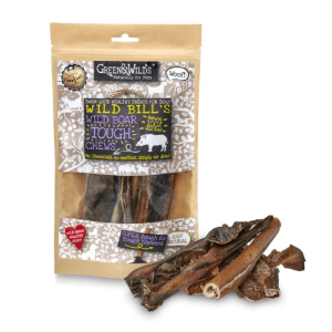 Front of Green & Wild’s Wild Bill’s Wild Boar Hide Tough Chews pack, 100% natural long lasting chews for tough chewing dogs.