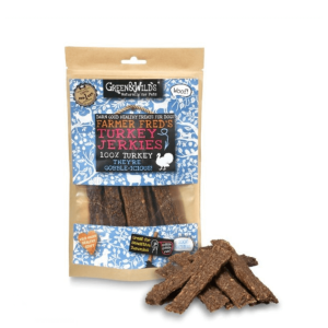 Front of Green & Wild’s Farmer Fred’s Turkey Jerkies pack with 100% natural turkey dog treats displayed in front of the bag.