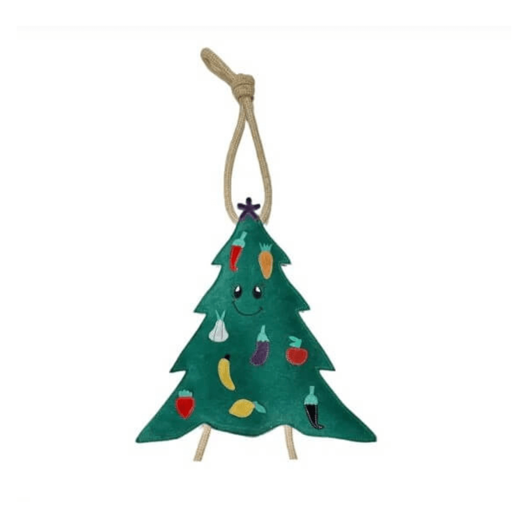 Front view of Carol the Christmas Tree eco dog toy made from green suede and jute with smiling face and rope handle.
