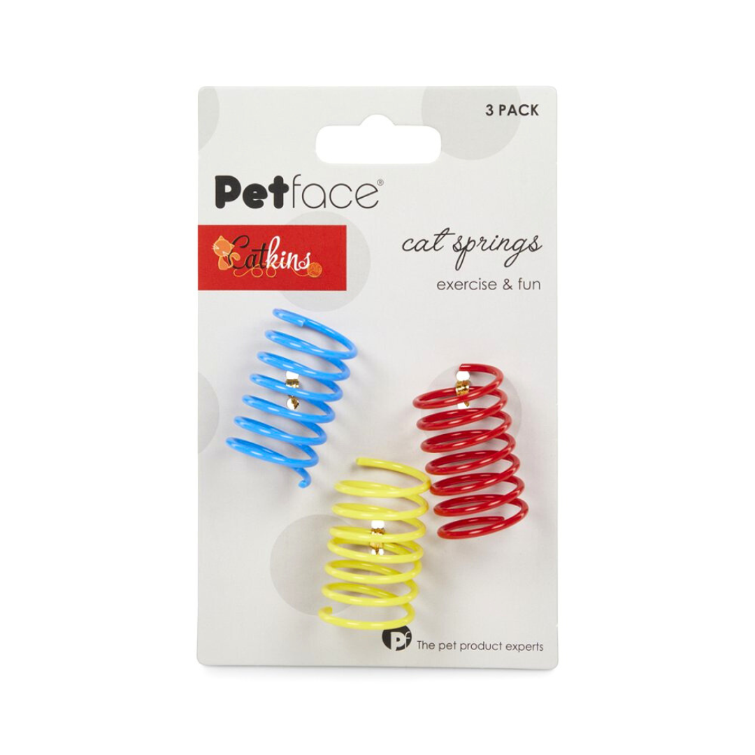 Petface Catkins 3-pack of colourful cat springs in red, blue, and yellow displayed on product card.