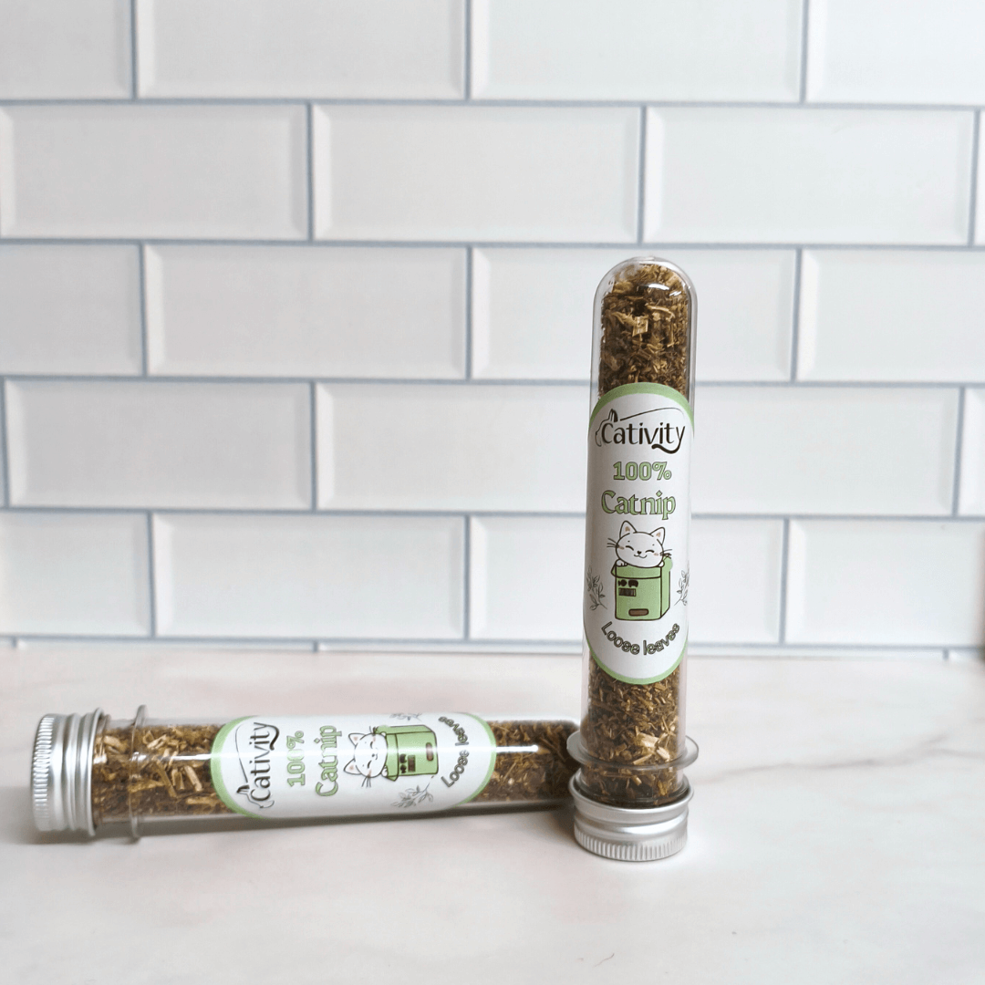 Two clear tubes of Cativity 100% Catnip displayed on a tiled background, one standing upright and one lying down.