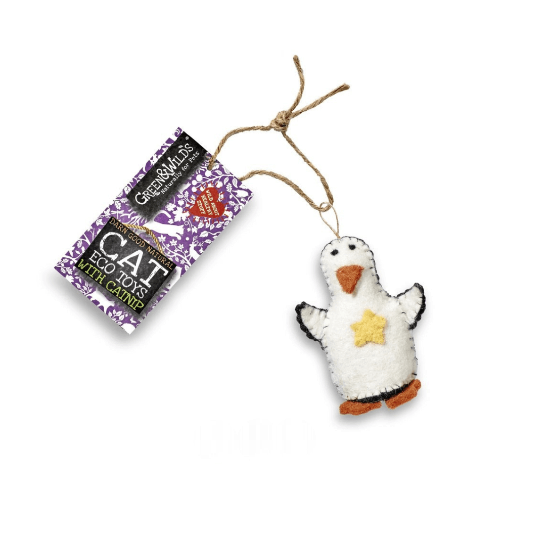 Eco-friendly wool felt penguin cat toy with jute string shown on a light background next to the Green & Wild’s tag.