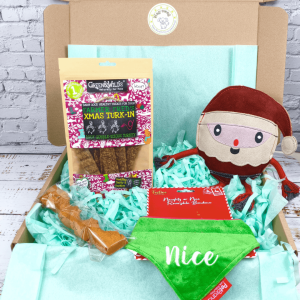 Christmas dog gift box containing Green & Wild’s Xmas Turk-In treats, a Santa dog toy, a green “Nice” bandana, and a natural chew, displayed in green tissue paper packaging.