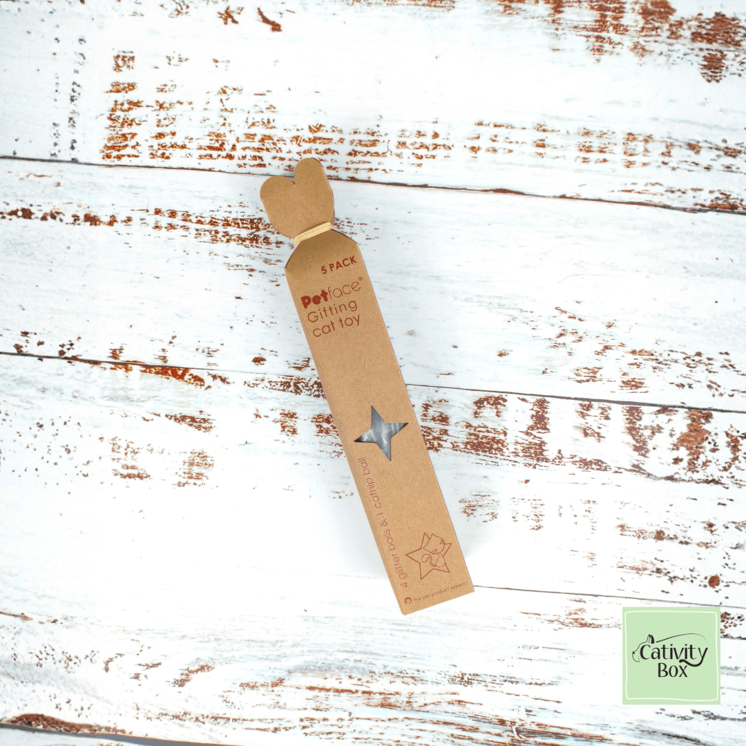 Petface Festive Cat Toy Set kraft gift box containing 4 glitter balls and 1 catnip ball, displayed on rustic white wooden surface.