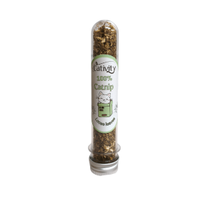 Cativity Box Catnip in a tube with the label showing on a white background