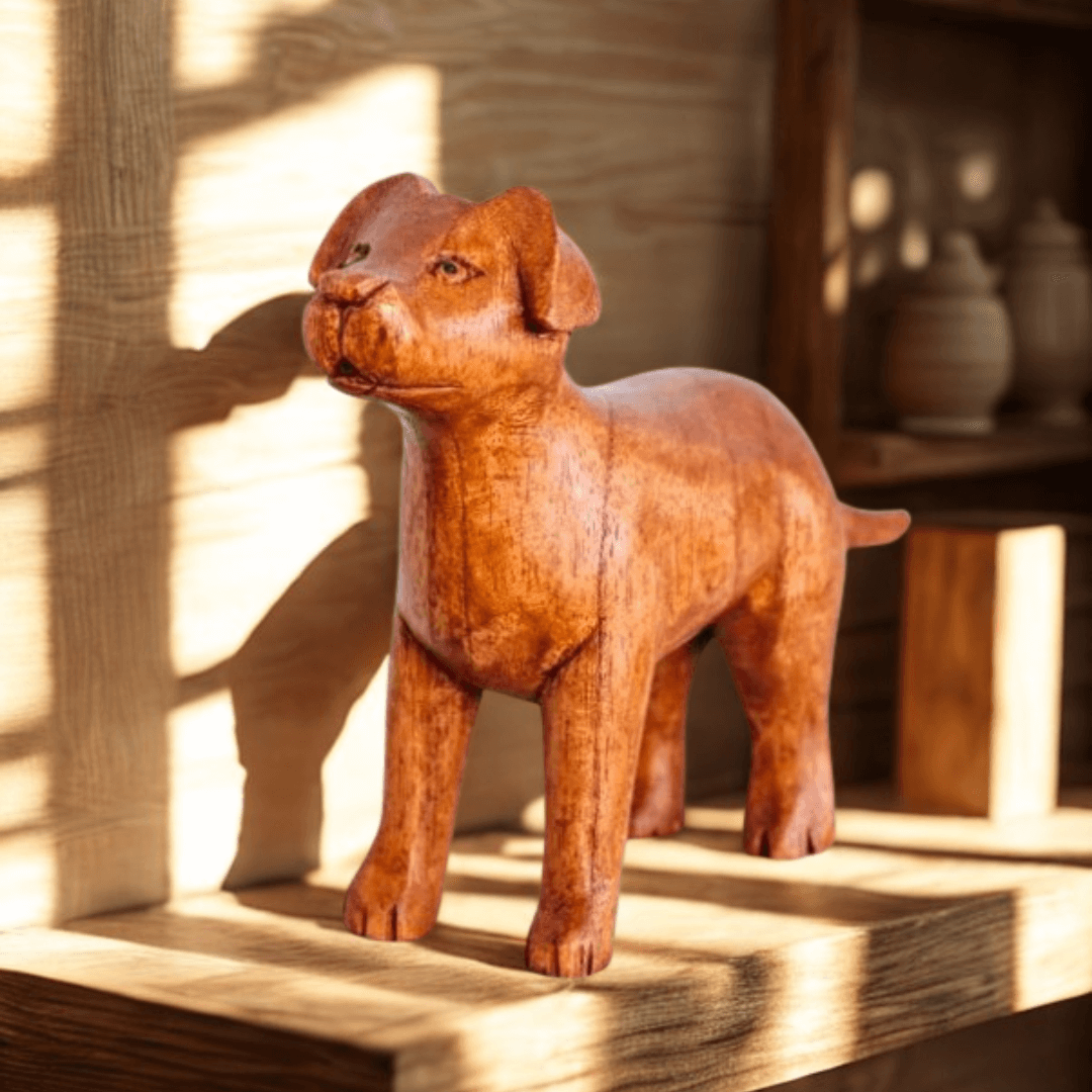 Hand-carved wooden standing dog ornament displayed on a wooden shelf with warm natural light and soft shadows.