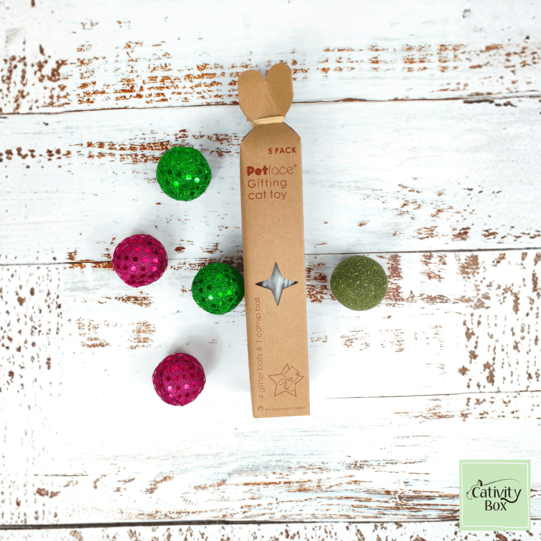 Petface Festive Cat Toy Set showing kraft gift box and colourful glitter cat balls arranged on white wooden background, Christmas cat toy gift idea.