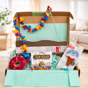 Birthday and Gotcha Day luxury cat gift box open and displaying a KONG Teaser Loopz wand, Petface Catkins wave scratcher, Mimi's Daughters felt wool donut toy, Petface Catkins ice cream plush toy and Cookhouse duck breast treats, nestled in mint-green shredded paper inside a brown gift box.