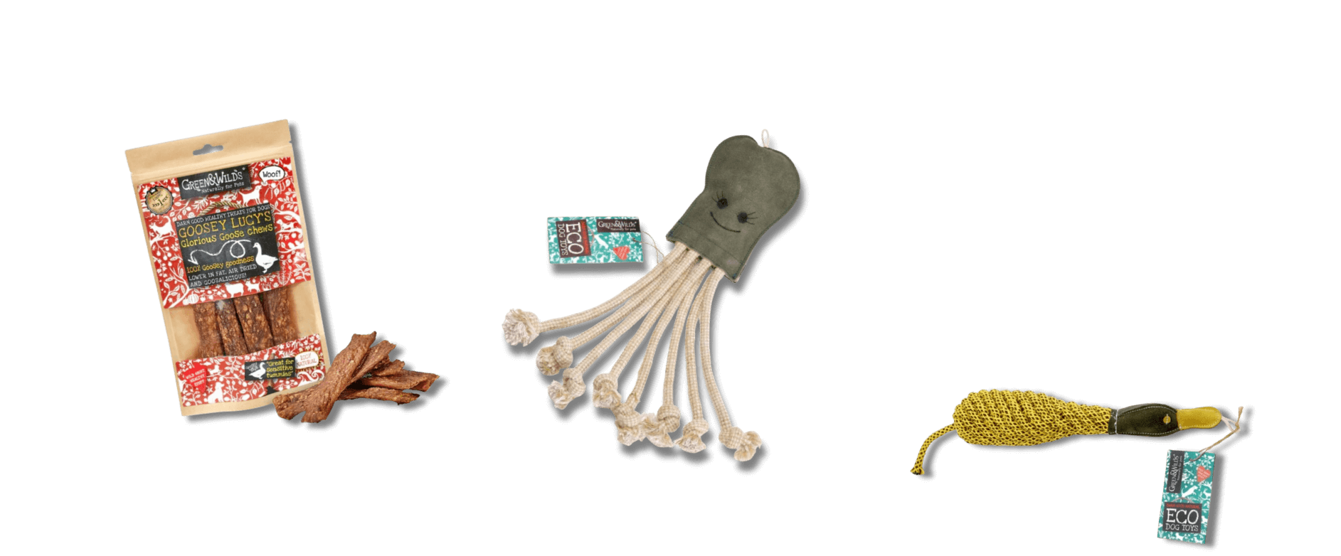 Green and Wildes Olive Octopus &  Delia Duck and Treats on a clear background