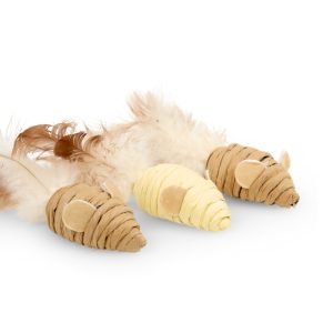 Pack of 3 Catkins mini mice cat toys with feather tails in natural sisal and cream tones