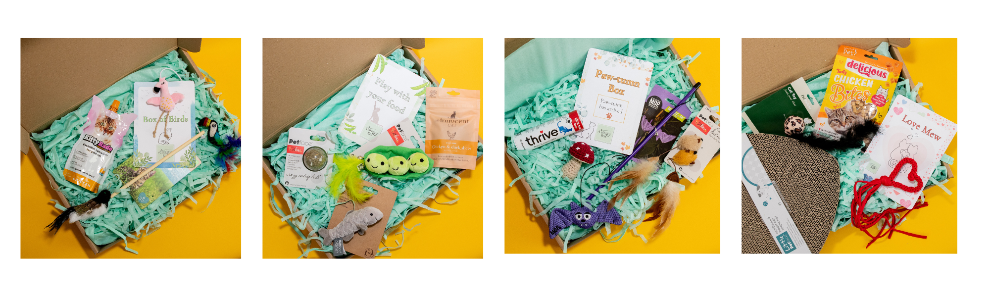 Showing 4 previous Cativity boxes with the toys and treats on a yellow background.