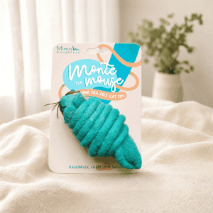 Monte the Mouse teal felt cat toy on Mimism Daughters card backing, handmade wool felt mouse cat toy