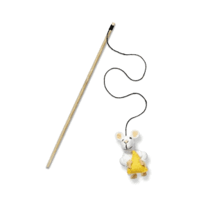 Monty Jack Mouse wand toy. White wool felt mouse holding a yellow cheese wedge on a bamboo stick